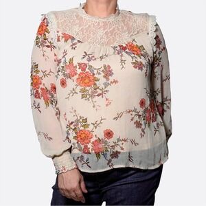 Romantic Victorian Floral Lace Trim Mock Neck Sheer Blouse 0X L Cottagecore